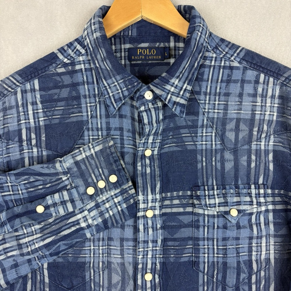 Polo Ralph Lauren Pearl Snap Shirt Men’s Large Blue Aztec Southwestern Cowboy